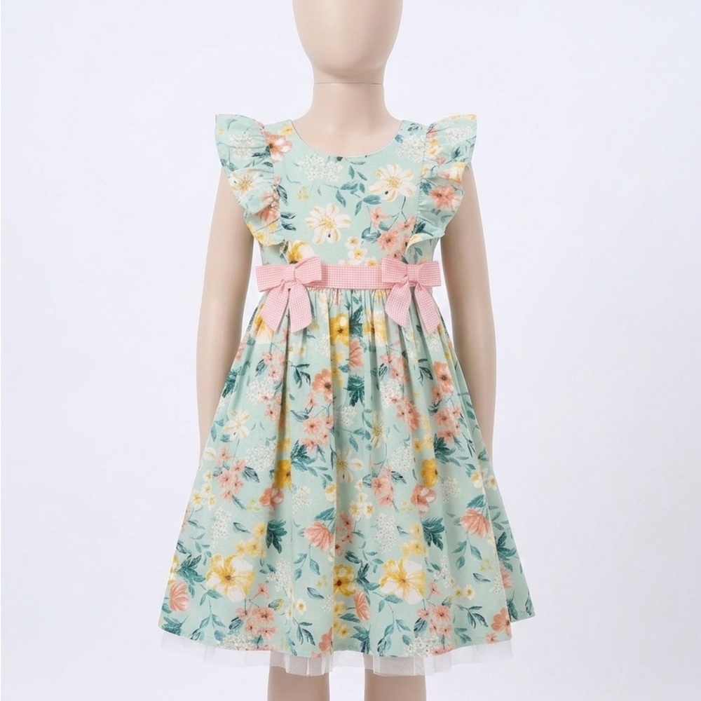 iris & ivy Mint Floral Dress with Pink Bow Trim